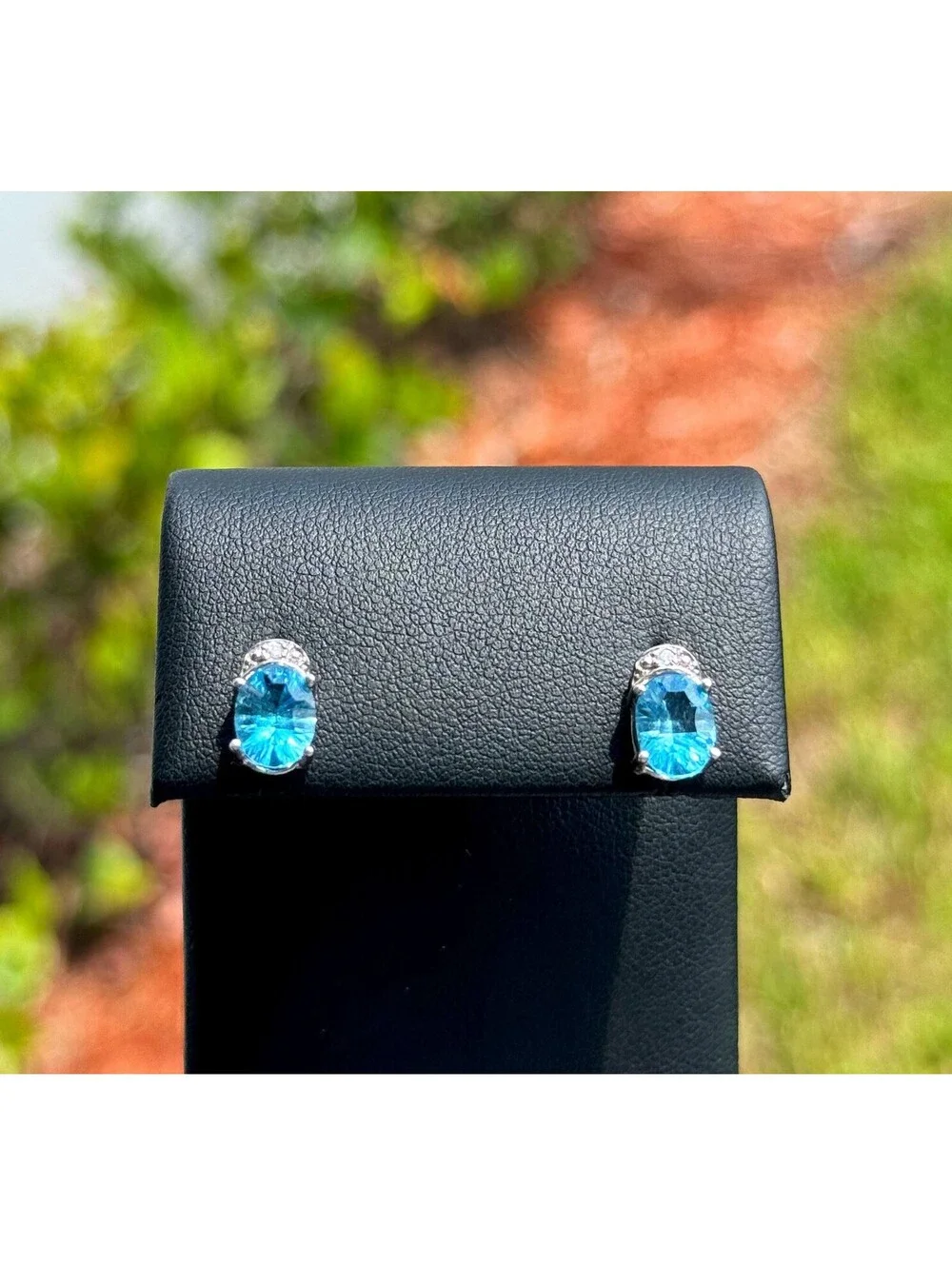 14k solid white gold aquamarine stone natural diamond 1.51CTW stud earrings